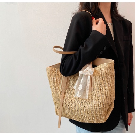 Túi Xách Vintage  Túi Đi Biển Phong Cách Trẻ Trung Phối Ren Nơ