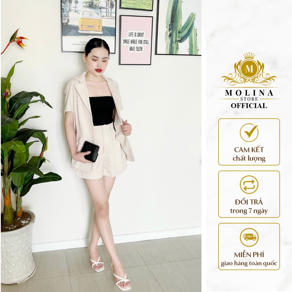 Set Áo Vest Thiết Kế Molina Tay Ngắn Phối Nút Bọc Kèm Quần Short, Chất Kaki Thun Nhung Cao Cấp Mềm Mịn