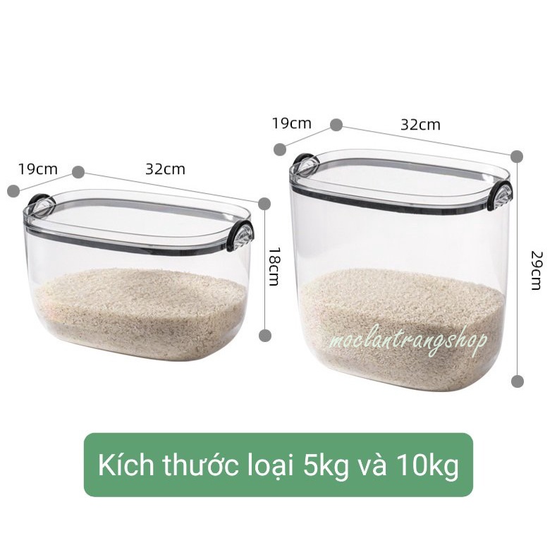 Thùng gạo oval trong suốt có khóa chống ẩm 5kg 10kg, hộp đựng gạo tròn dẹt siêu mỏng ngũ cốc đồ khô hộp đựng hạt cho mèo