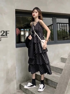 [Order quảng châu] Đầm maxi tầng chấm bi