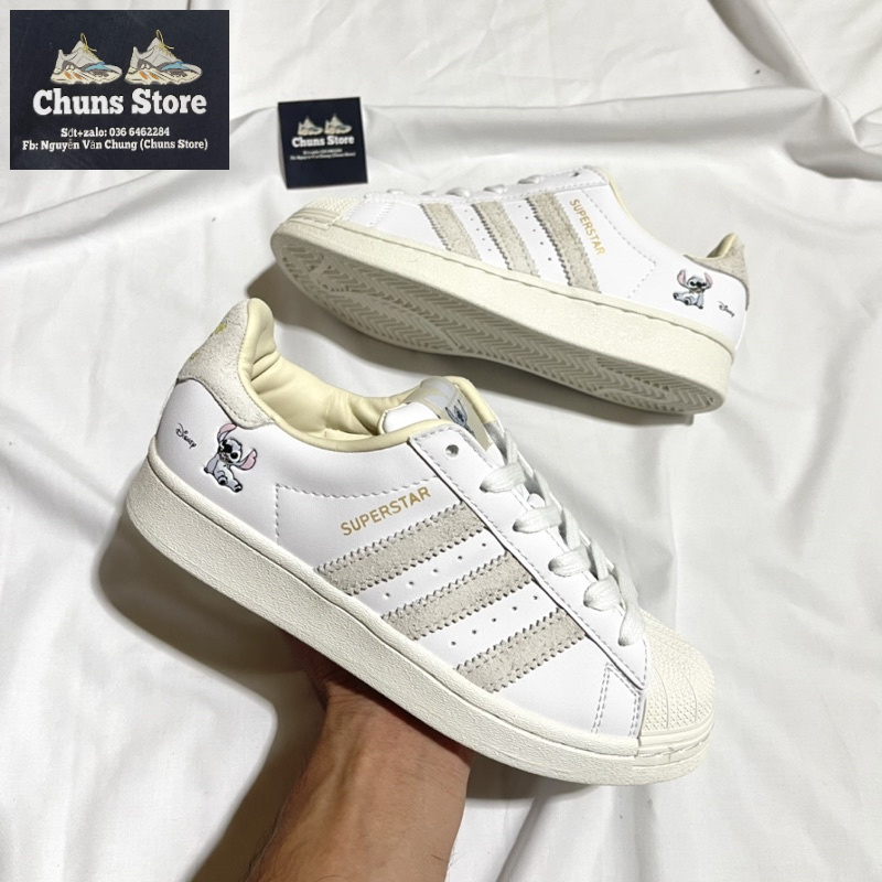 Giày adidas superstar mũi sò trắng kem hình chuột Disney 3 vạch cao cấp full box bảo vệ