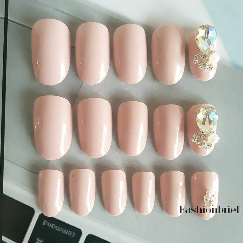 [Hàng mới về] Set 24 móng tay giả có đính hạt 3D màu nude xinh xắn cho nữ