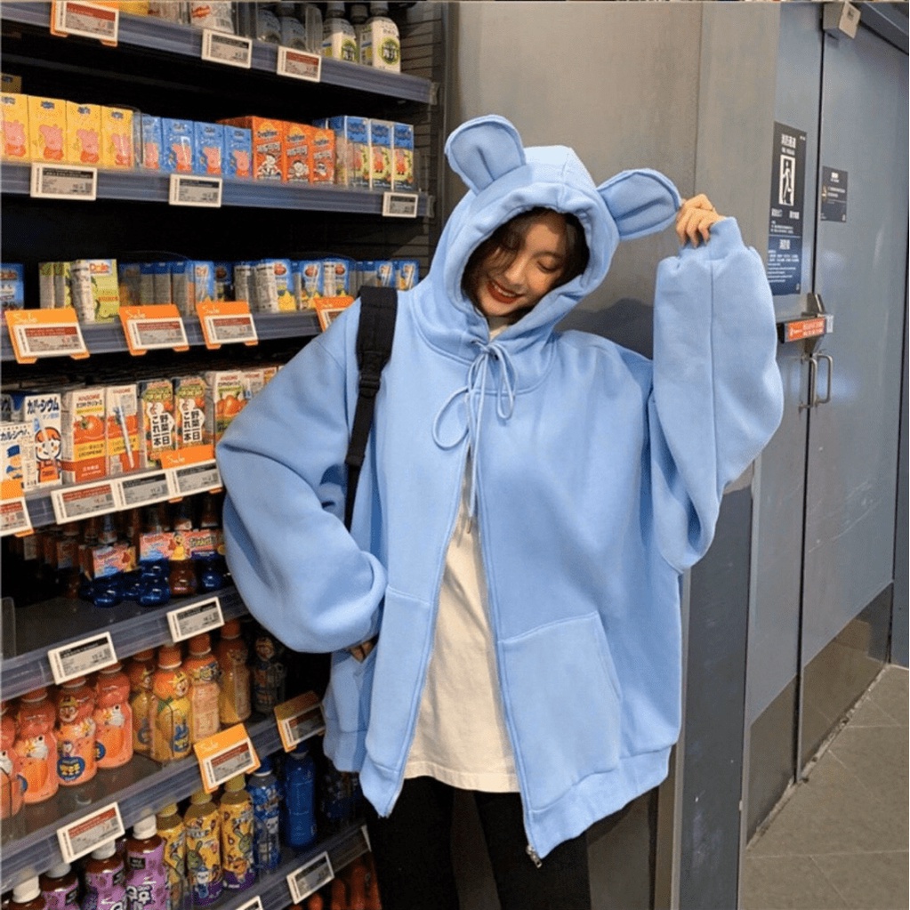 Áo khoác nữ Hoodie form rộng Khóa Dây Kéo Ngoại Trơn Tai Thỏ bông mềm TP [NewUnisex]