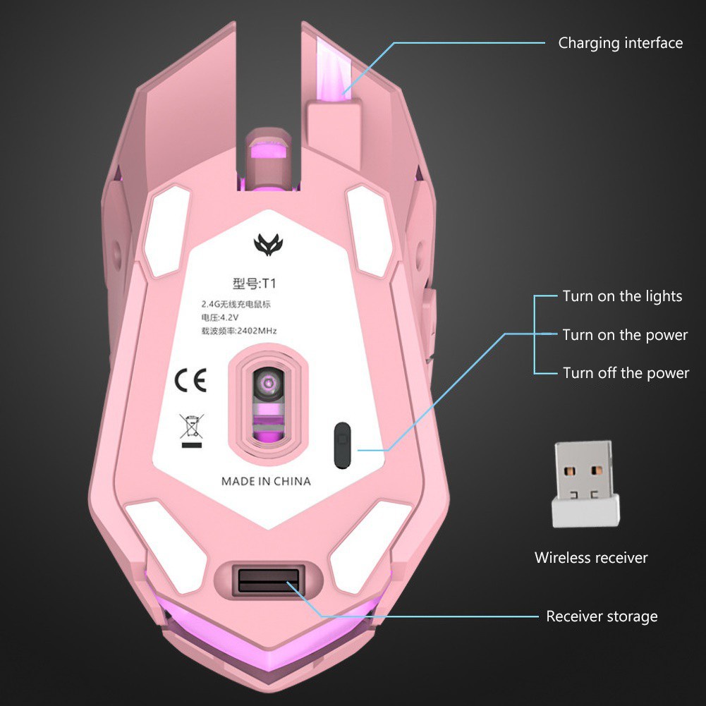 T1 Ergonomic 2.4G Có thể sạc lại có đèn nền Silent USB quang học Chuột chơi game không dây màu hồng Mute Mouse