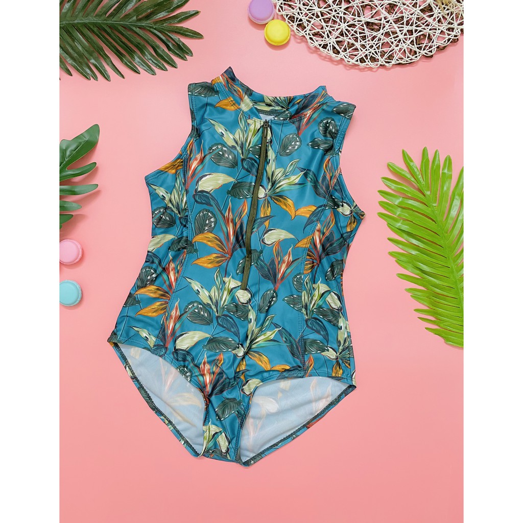 Bikini một mảnh họa tiết hoa lá xanh rêu mặc đi biển đi bơi đẹp