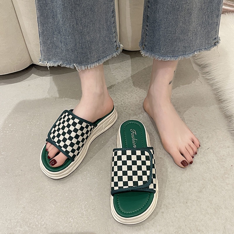 Oeggeo shop Dép Quai Dán Đế Dày Họa Tiết Kẻ Sọc Cho Nữ