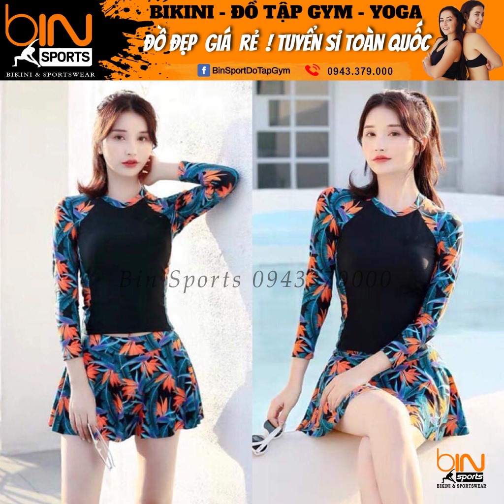 Bikini Đồ Bơi Nữ 2 Mảnh Quần Đùi Váy Aó Dài Tay Phủ Bụng Kín Đáo Bin Sports BHV124-V1