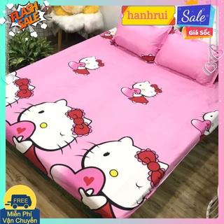 Bộ drap cotton poly kitty tim hồng 1m2,1m6,1m8
