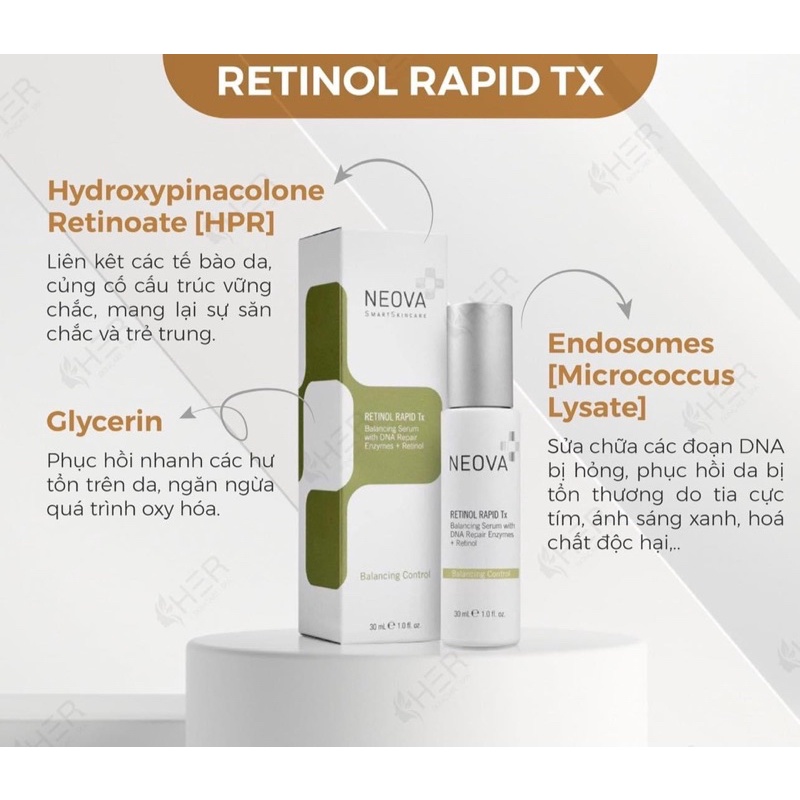 Tinh chất ngừa mụn trẻ hoá da mờ nám Sẻum đaajm Neova retinol rapid TX balancing serum with DNA repair ezymers retinol