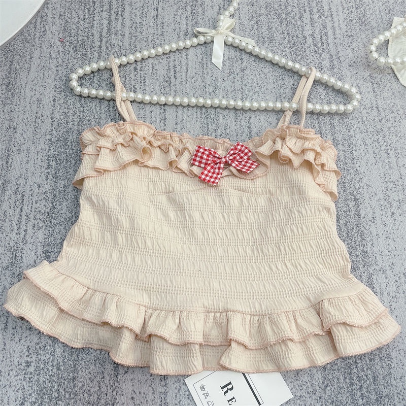 Jiashucheng Áo Hai Dây Mùa Hè Mỏng Nhẹ Màu Trơn Đính Nơ Phong Cách Nhật Bản Dễ Phối Đồ Cho Nữ