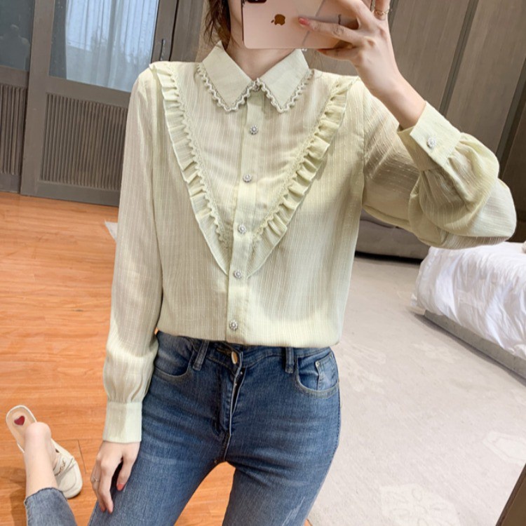Áo voan tay dài cổ búp bê phối ren thời trang chất lượng cao cho nữ