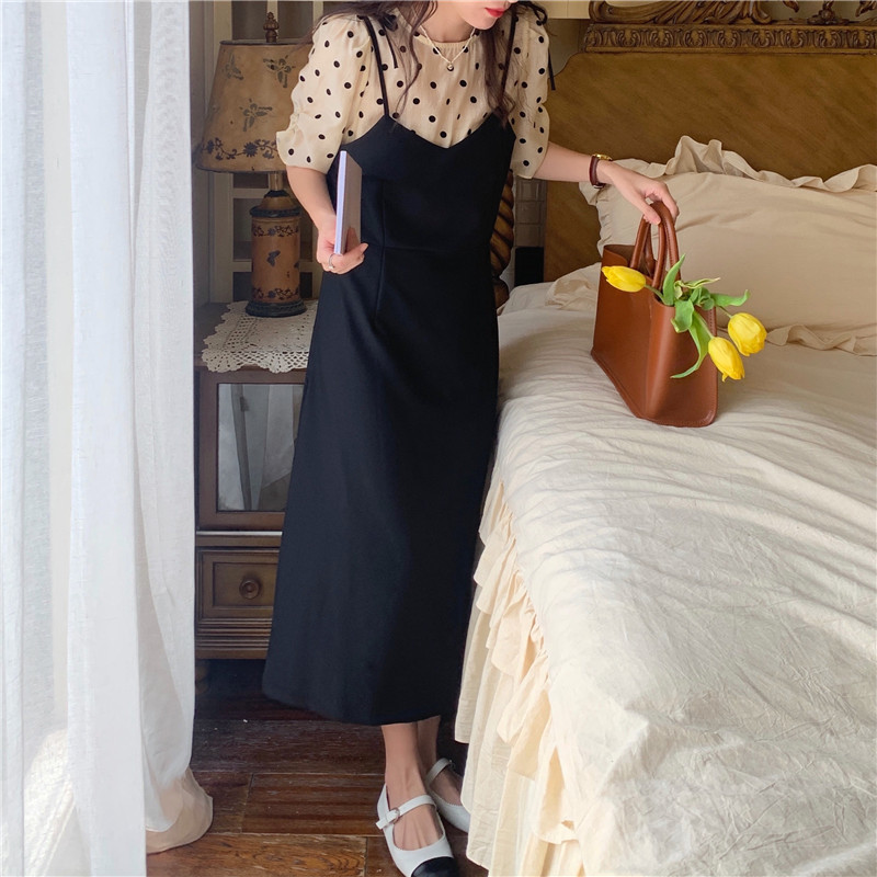 Đầm Ngắn Tay Giả Hai Lớp Trơn Màu Cổ Điển Dành Cho Nữ 43748