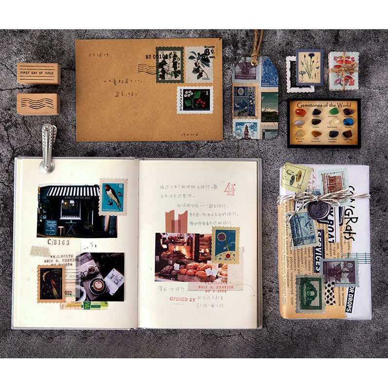 Set 46 Sticker vintage Mohamm trang trí sổ bullet journal decor phong cách retro tem dán nhiều chủ đề