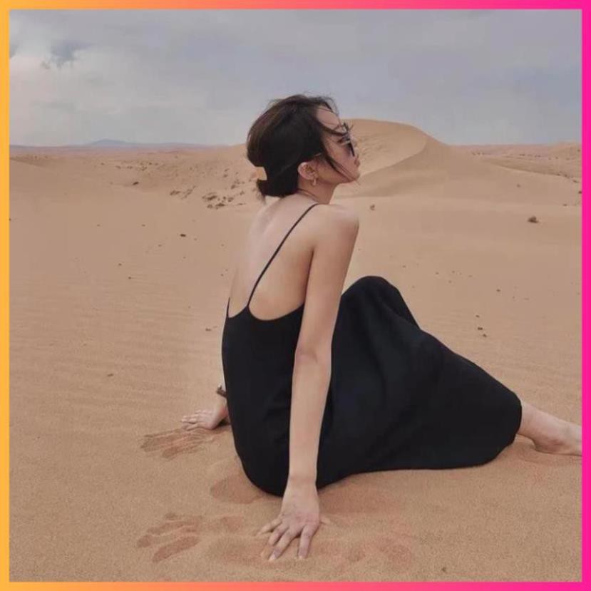 Đầm Hai Dây Hở Lưng Nữ Váy midi 2s body dáng ôm màu đen trơn thiết kế sexy Ulzzang HOT  ྇