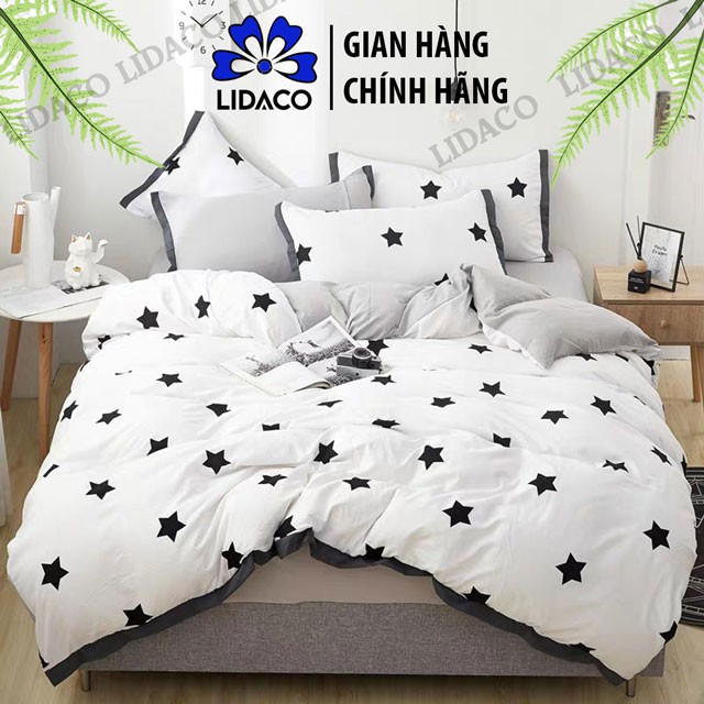 Bộ vỏ chăn ga gối cotton đũi Lidaco cao cấp - Sao Đen FSD