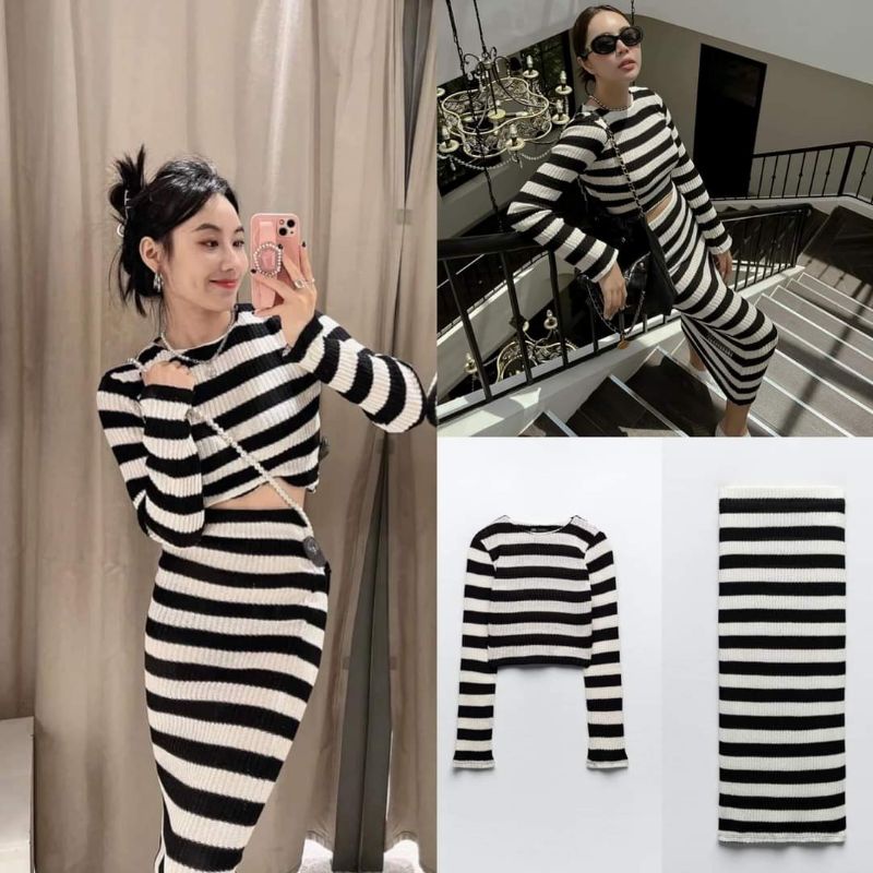 SET LEN ÁO CROPTOP KÈM CHÂN VÁY DÀI SỌC TRẮNG ĐEN