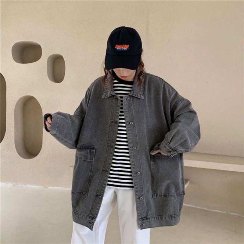 Áo khoác IELGY làm từ denim dáng rộng tay dài thời trang Hàn Quốc retro cho nữ