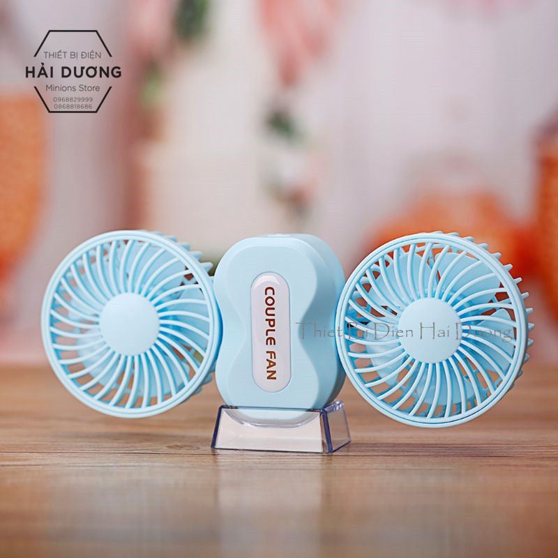 Quạt cầm tay mini Couple Fan sạc tích điện 3 cấp độ gió TN133 - kèm chân để bàn - Siêu mát - 2 Lồng quạt ( Có Video)