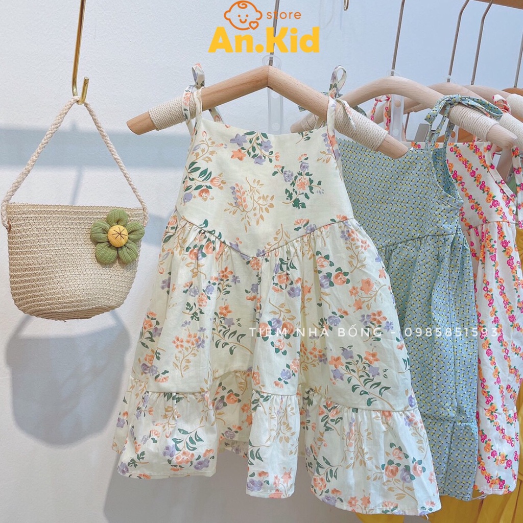 Váy + Mũ Cho Bé Gái 8-16kg Chất Thô Hàn Mềm Hoa Nhí, Đầm Xoè Đi Học, Đi Chơi, Đi Biển - AN.KID