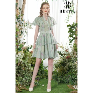 Đầm xếp tầng cắt tay thủ công hai màu đen và hoa xanh bèo cánh tay 2VA0001 HESTIA DESIGN