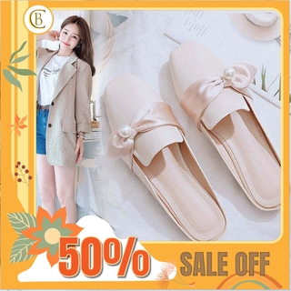 Giày sục, sục nữ đế bằng da mềm thắt dây lụa hình nơ đính hạt ngọc Hàn Quốc ảnh thật ở cuối