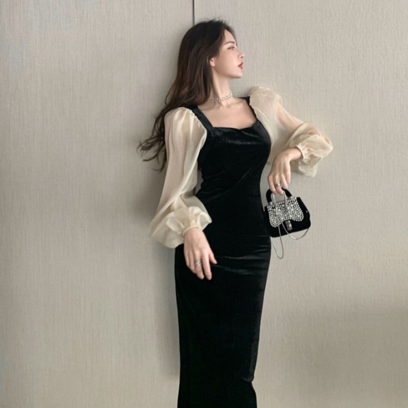 IELGY IELGY Đầm Nhung Đen Cổ Chữ v Phong Cách Hong Kong Thời Trang Cho Nữ