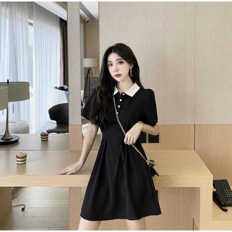 Đầm ZHELIHANGFEI ngắn tay cổ polo màu đen phong cách preppy