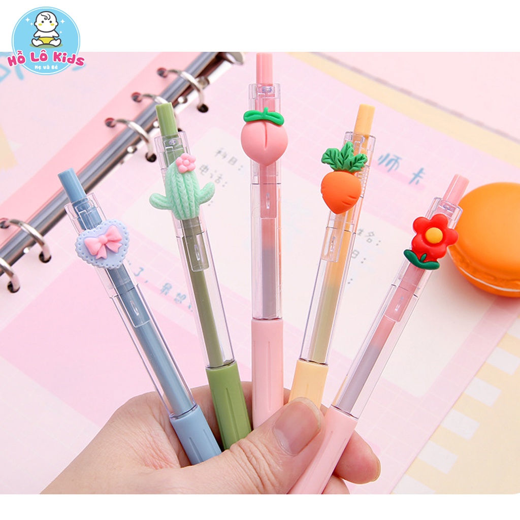 Bút bi nước cute mực đen ngòi 0.5mm, vỏ bút trong suốt gắn hoa quả dễ thương Hồ Lô Kids