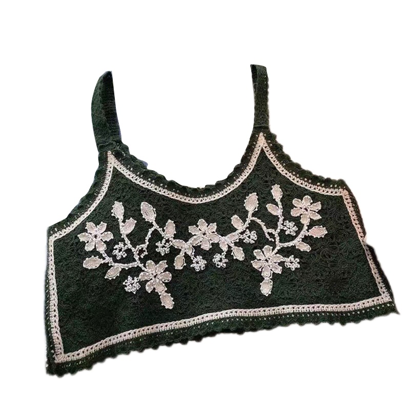 Áo Croptop Dệt Kim Sát Nách Thêu Họa Tiết Đính Hạt Thời Trang Cho Nữ