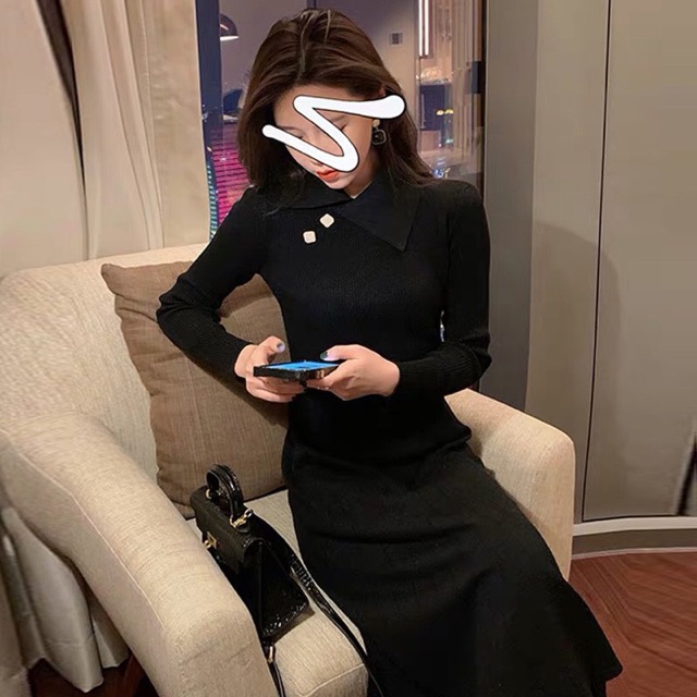 Váy len cổ đức chéo cúc dáng dài xoè vintage