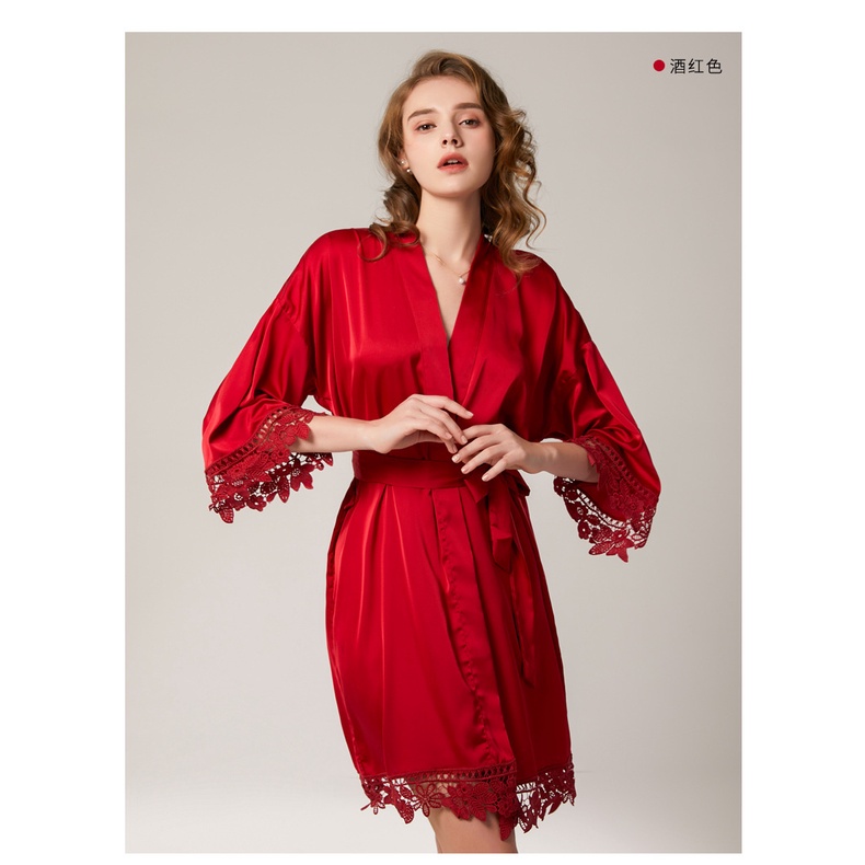 (có sẵn) Áo choàng ngủ PHỐI REN CAO CẤP makeup CÔ DÂU Thêu chữ BRIDE lụa latin mềm mịn sang trọng Cherie Sleepwear