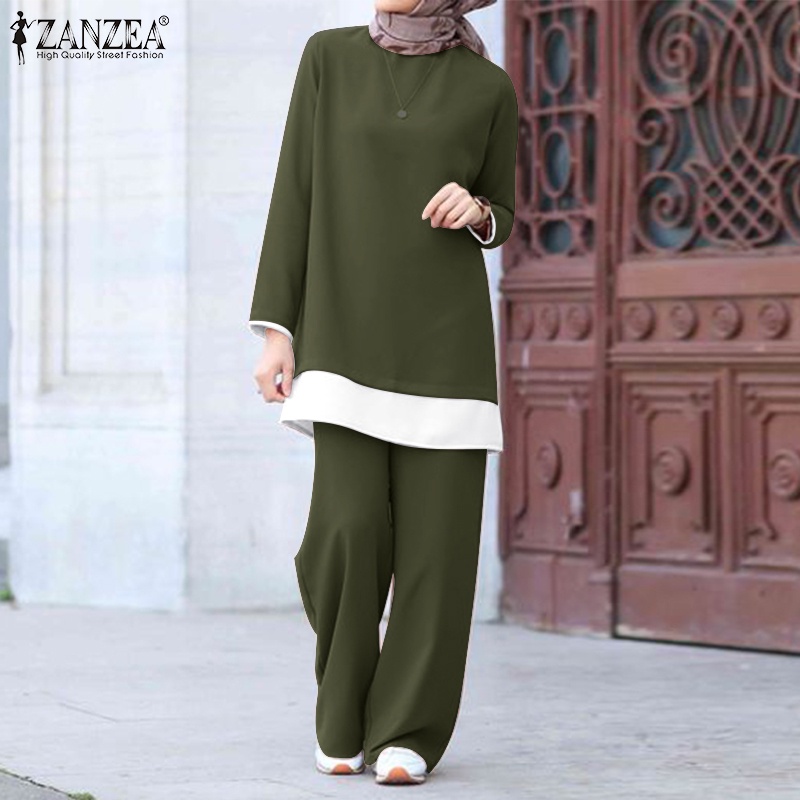 Zanzea Bộ Áo Tay Dài Cổ Tròn Và Quần Dài Lưng Thun Màu Tương Phản Dành Cho Phụ Nữ Hồi Giáo
