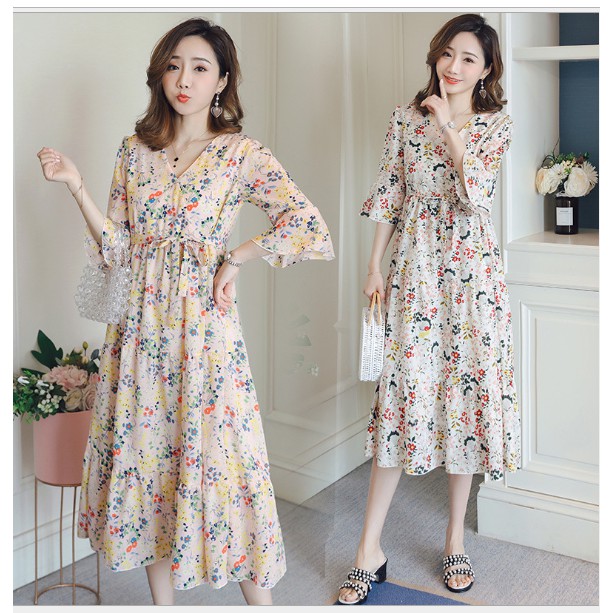 ĐẦM BẦU VÁY BẦU CÔNG SỞ IN HOA (sau sanh có nút bé bú )