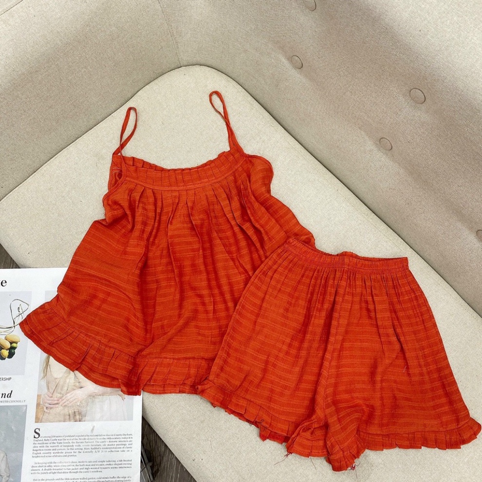 Bộ 2 dây nữ mặc ở nhà chất đũi nhăn thời thượng mát lạnh ngày hè B335 Nội Y Xanh hàng đẹp trendy