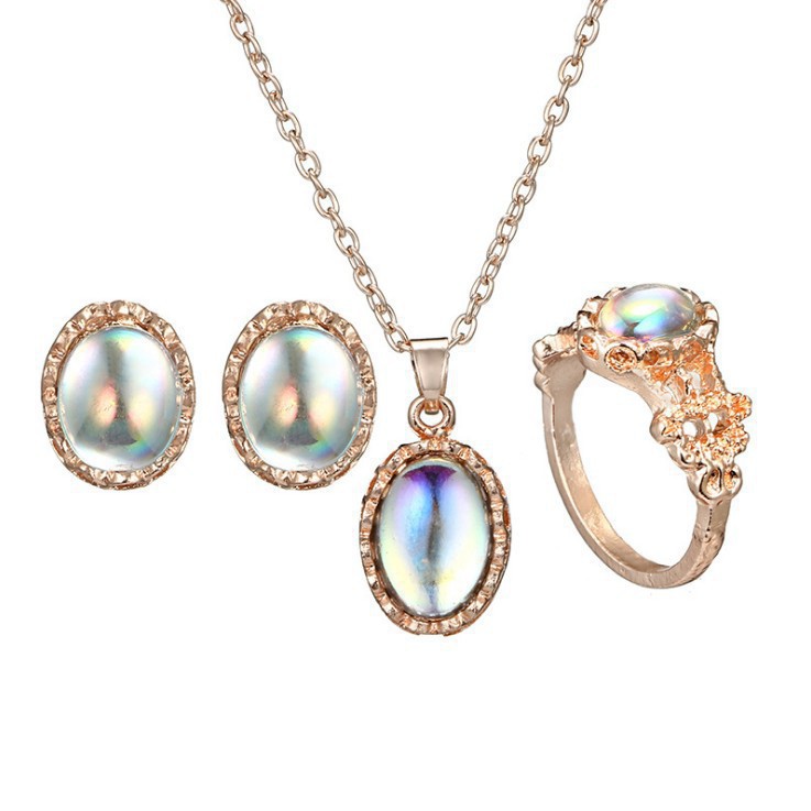 Bộ Trang Sức Mạ Vàng 3 Trong 1 Đính Đá Opal Nhiều Màu