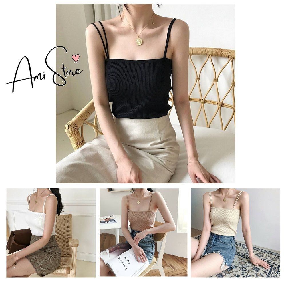 Áo 2 dây croptop Ami len tăm dây đôi sợi bún hot trend phong cách Hàn Quốc 2D01
