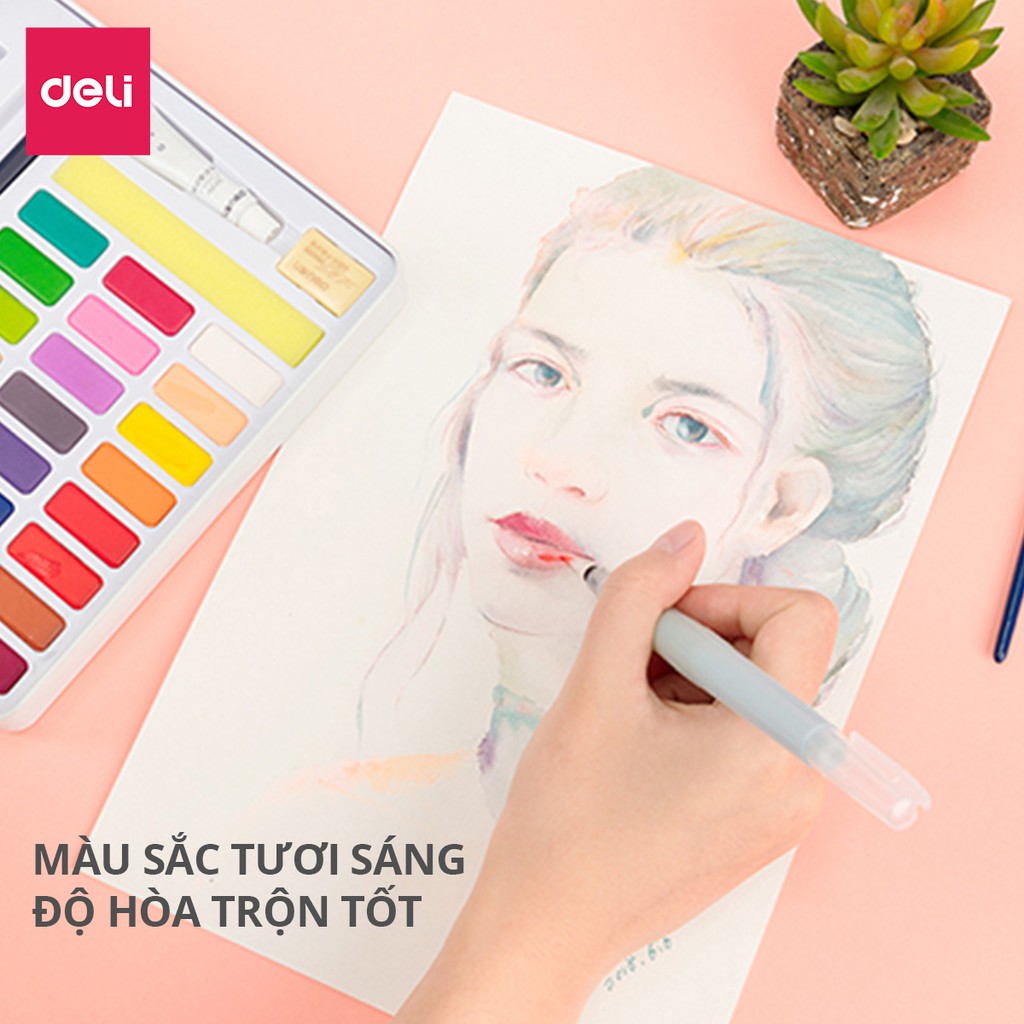 Bộ màu nước dạng nén Deli 8 phụ kiện đi kèm hộp sắt 24 màu/36 màu 73876 / 73877