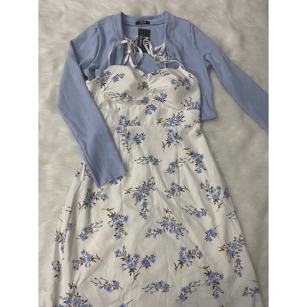 Set Đầm 2 dây hoa nhí 💖Ảnh Thật Cuối💖 - Set váy hoa nhí xanh xẻ tà kèm Áo khoác dệt kim mỏng NÀNG CLOSET