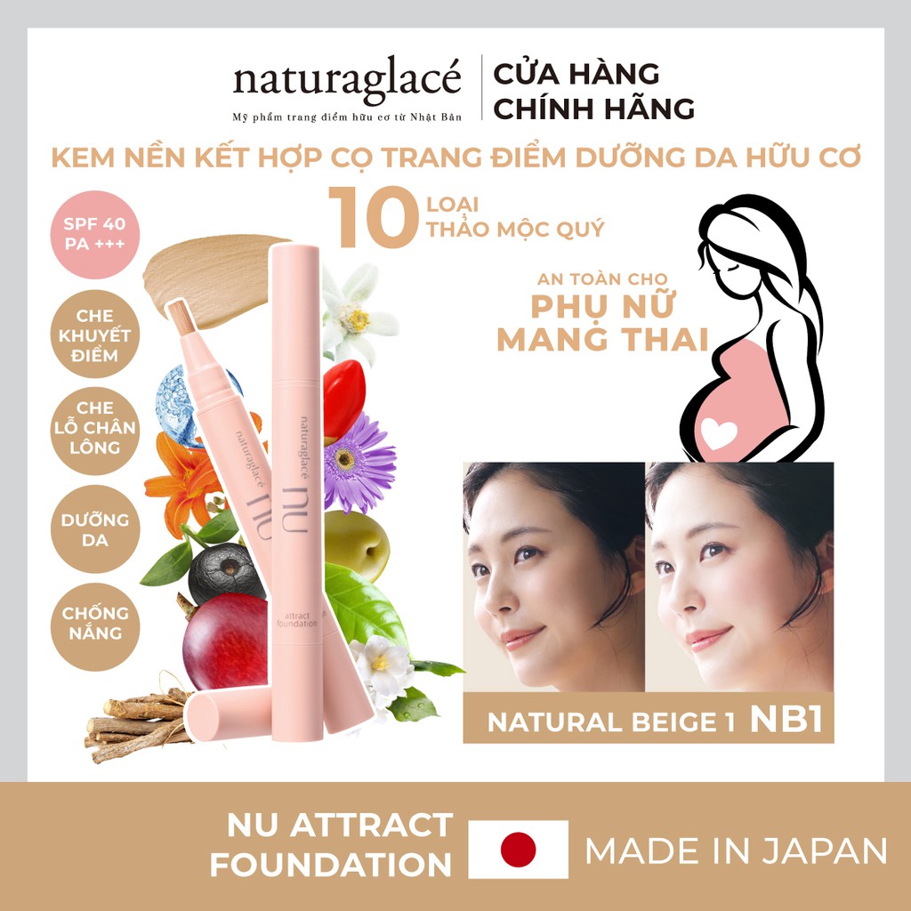 Kem nền kết hợp cọ trang điểm &amp; dưỡng da naturaglacé Nu Attract Foundation (NB1 - Màu da sáng), 3.5g