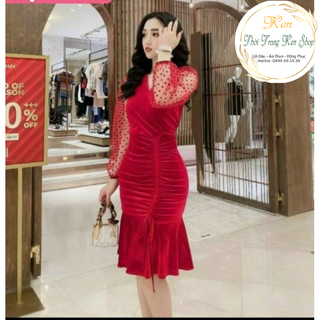 Đầm body nhung đuôi cá tay phối lưới