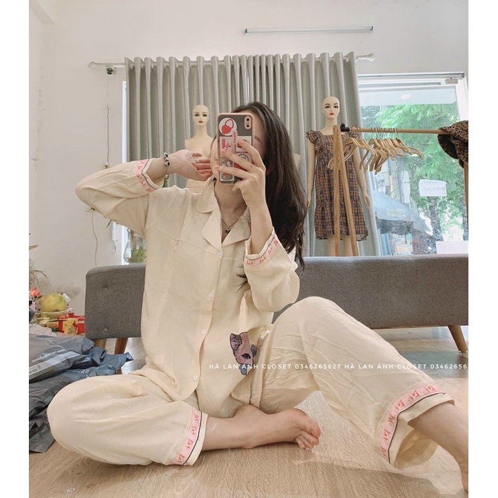 Bộ Bầu Pyjamas Mặc Nhà, Đồ Bầu Sau Sinh Mở Cúc Cho Con Bú và Quần Chun Chỉnh Bụng, Dài Tay