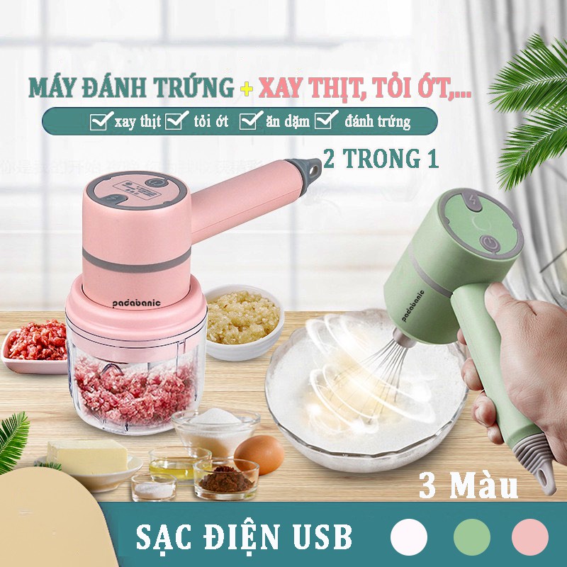 Máy Đánh Trứng  Kiêm Máy Xay Thịt Mini Cầm Tay Sạc Tích Điện Xay Tỏi Ớt, Rau Củ Đa Năng Padabanic 6977