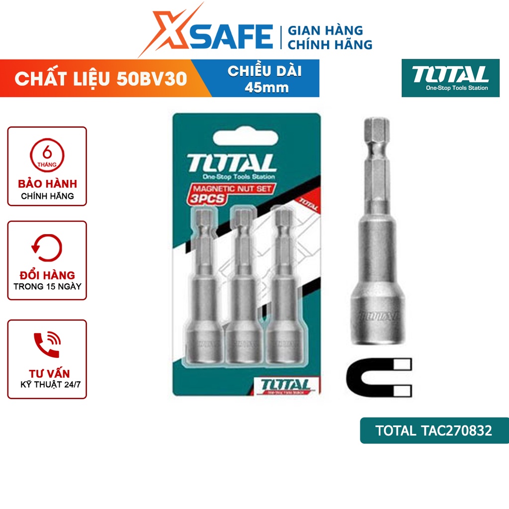 Bộ mũi bắn vít tol TOTAL TAC270832 có nam châm hút Mũi siết vít tôn chất liệu 50BV30 cao cấp độ bền tốt, nhỏ gọn