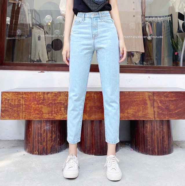 Quần momjeans trơn lưng cao qua rốn