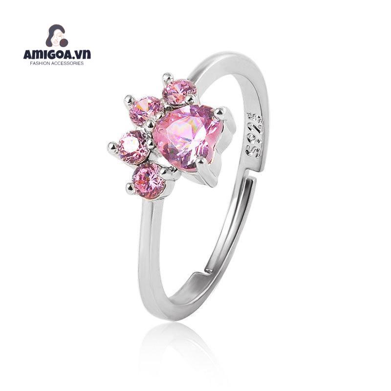 Nhẫn Mạ Bạc Hình Chân Mèo Đính Đá zircon Dễ Thương Có Thể Điều Chỉnh