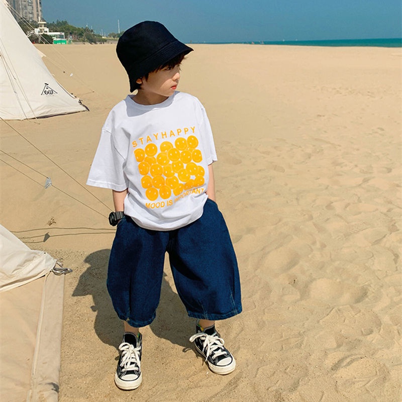 Áo Thun Cotton Tay Ngắn Dáng Rộng In Chữ Thoải Mái Thời Trang Mùa Hè Cho Bé Trai