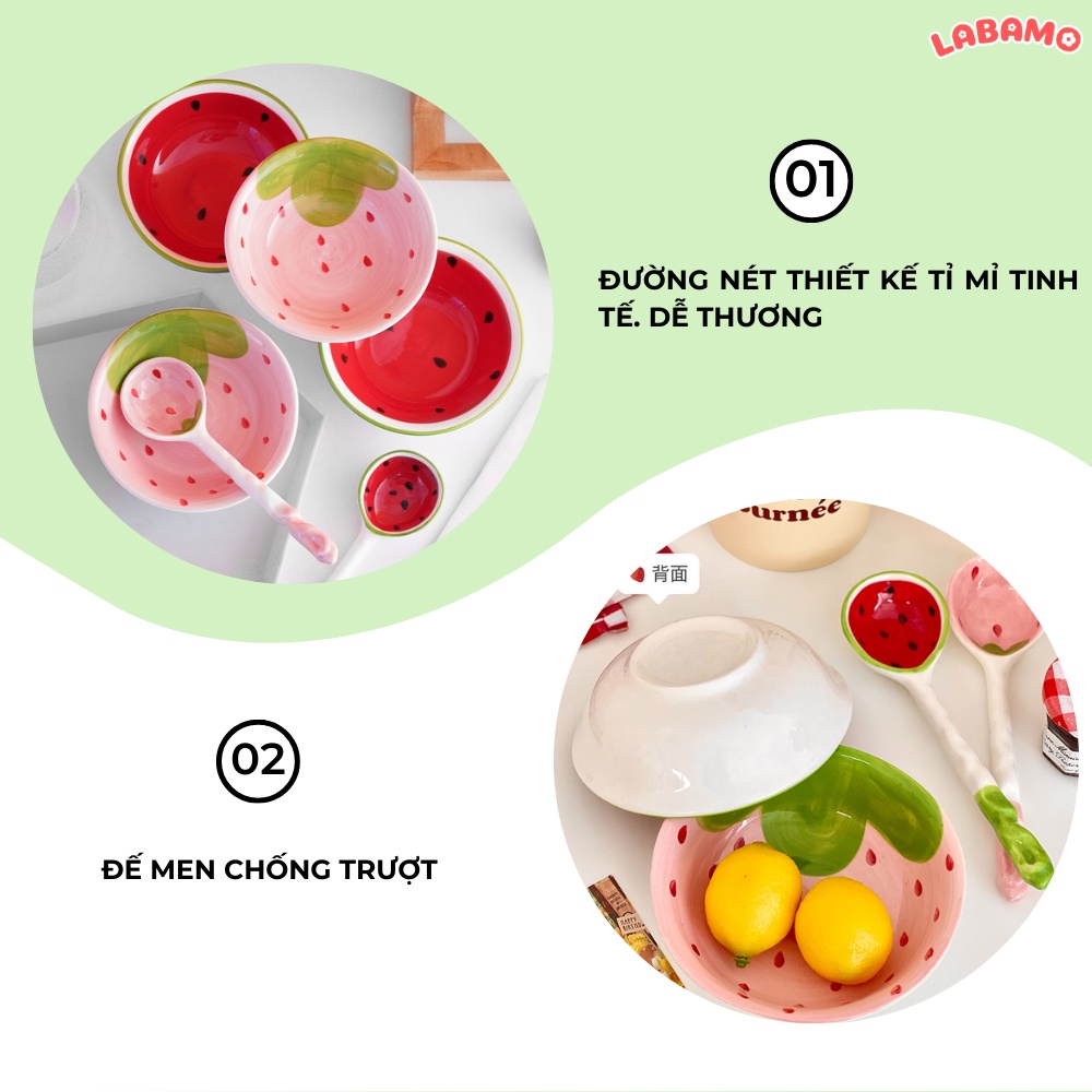 Bát sứ decor ăn cơm ngũ cốc hình quả dâu dưa hấu kèm thìa cute LABAMO