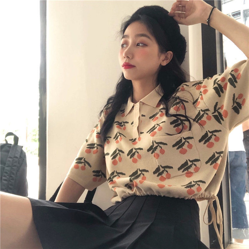 Áo thun cổ polo tay ngắn in họa tiết trái cherry