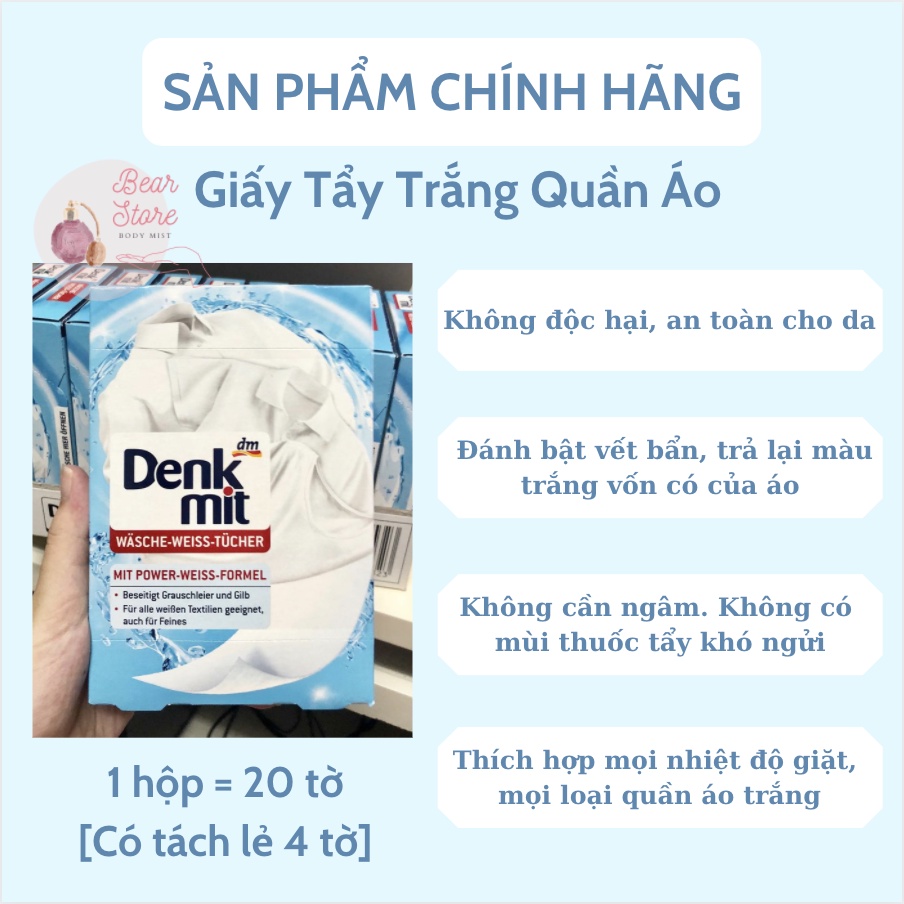 Giẩy tẩy trắng quần áo Denkmit nhập khẩu tại Đức mùi hương nhẹ nhàng an toàn cho da tay 20 tờ