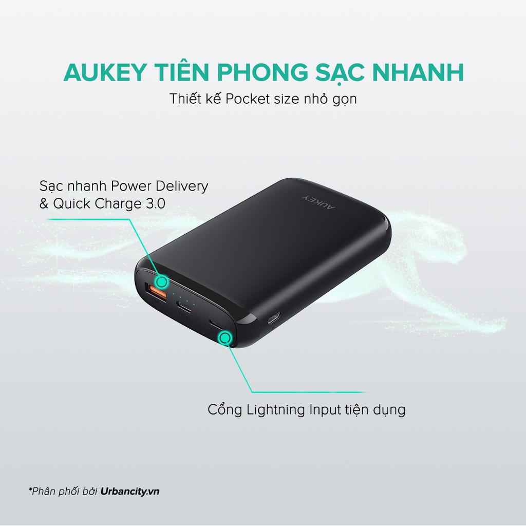 Pin Sạc Dự Phòng AUKEY PB-Y22, Sạc Nhanh PD + QC 18W, Hỗ Trợ Sạc Vào Type C/ Lighting 18W - Hàng Chính Hãng